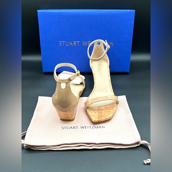 STUART WEITZMAN Nudistcurve 50 Nude Patent Leather Wedge Sandals Shoes US 8 $395 - Picture 4 of 11